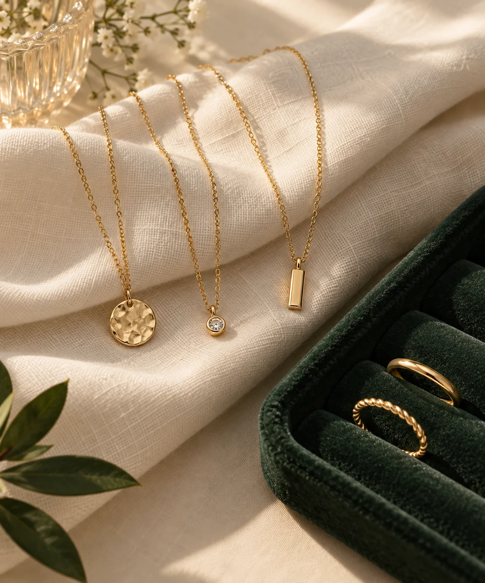 Illustrative gold jewelry on ivory linen