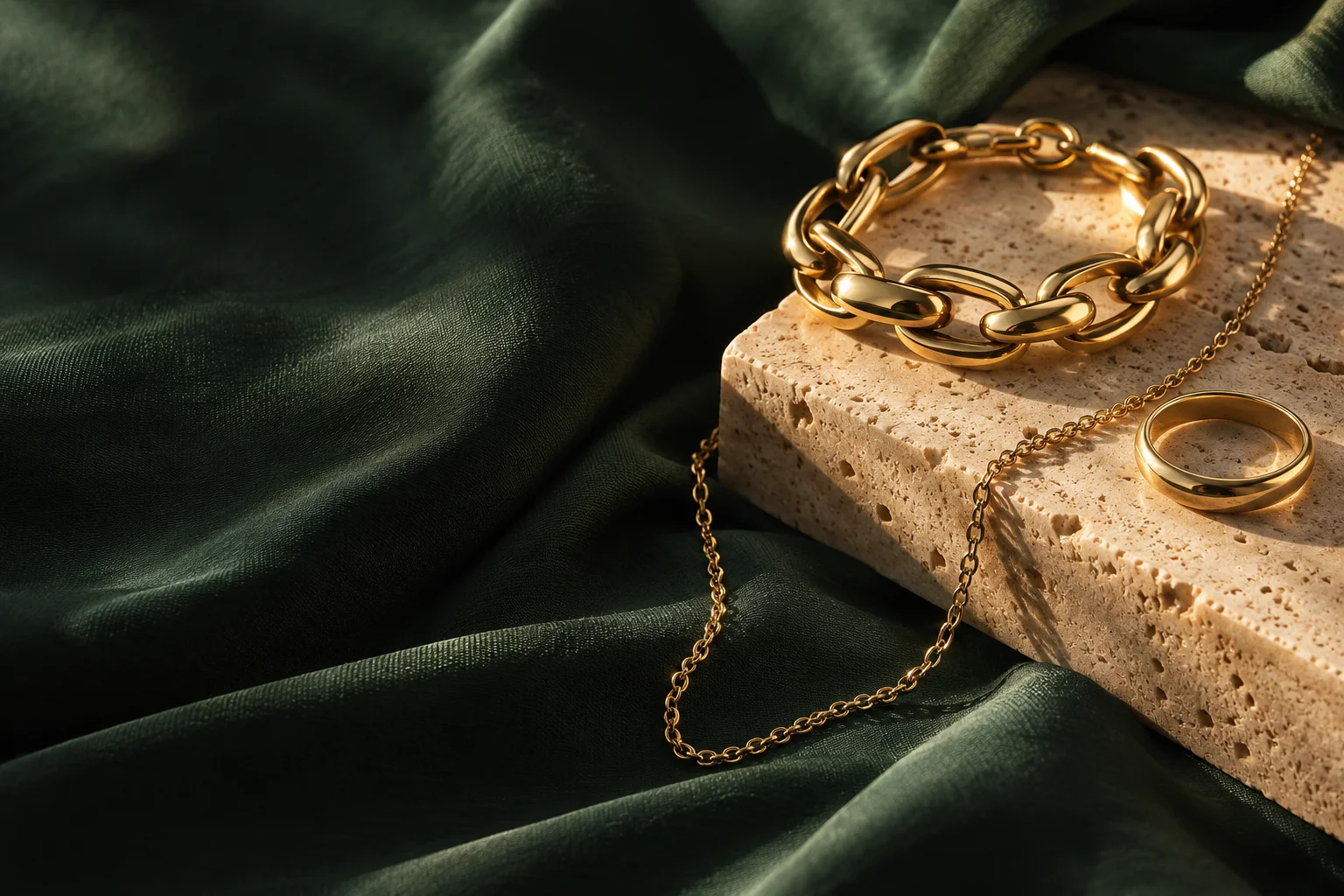 AI-generated editorial gold jewelry on green fabric and warm stone